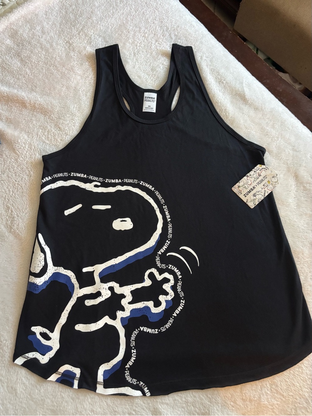 Zumba Fitness Black Muscle Tee with White and Blue Snoopy Graphic